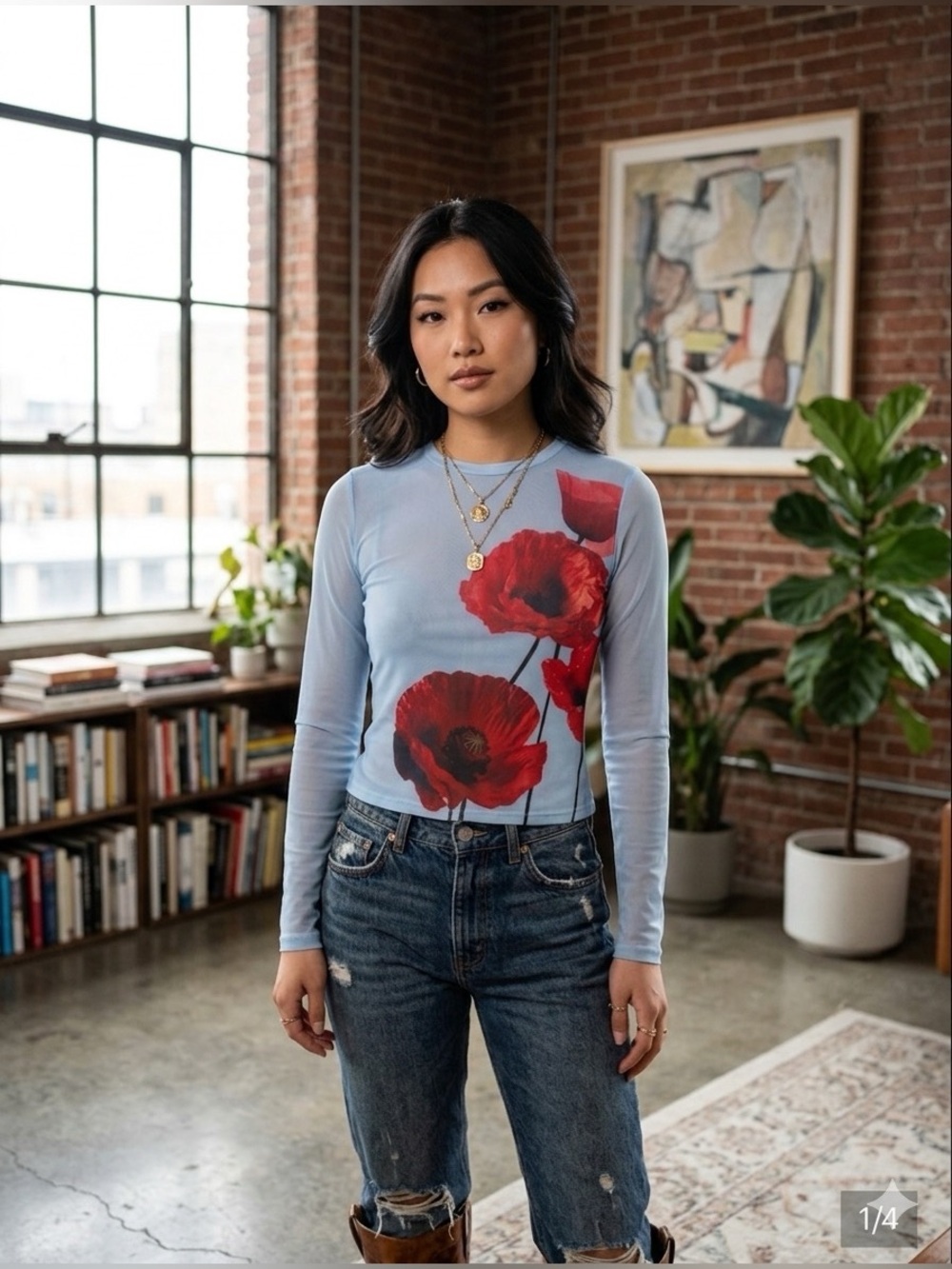 Light Blue Floral Long-Sleeve Top with Red Poppy Print